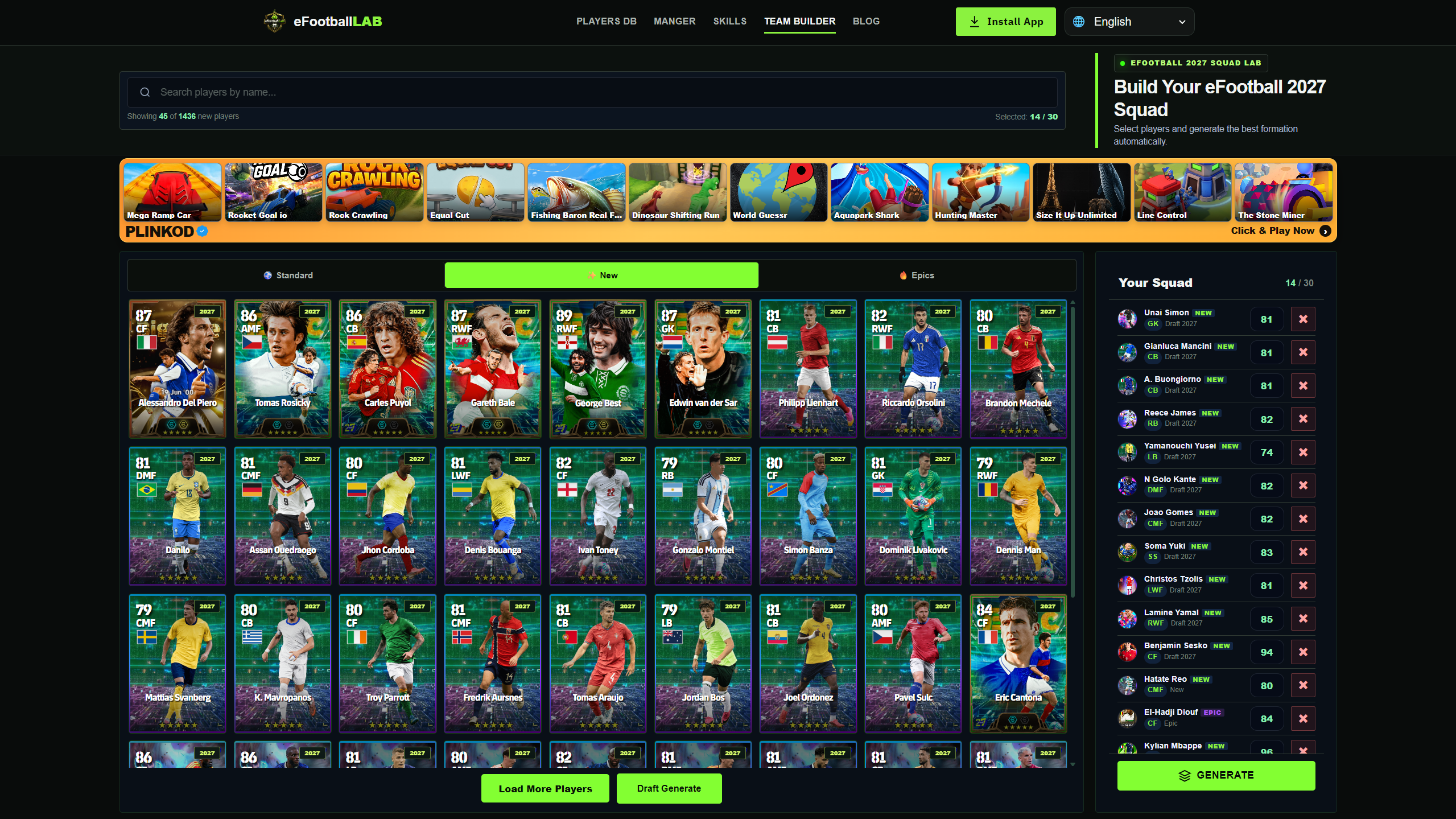eFootballLAB AI Team Builder showing searchable player cards and a selected squad